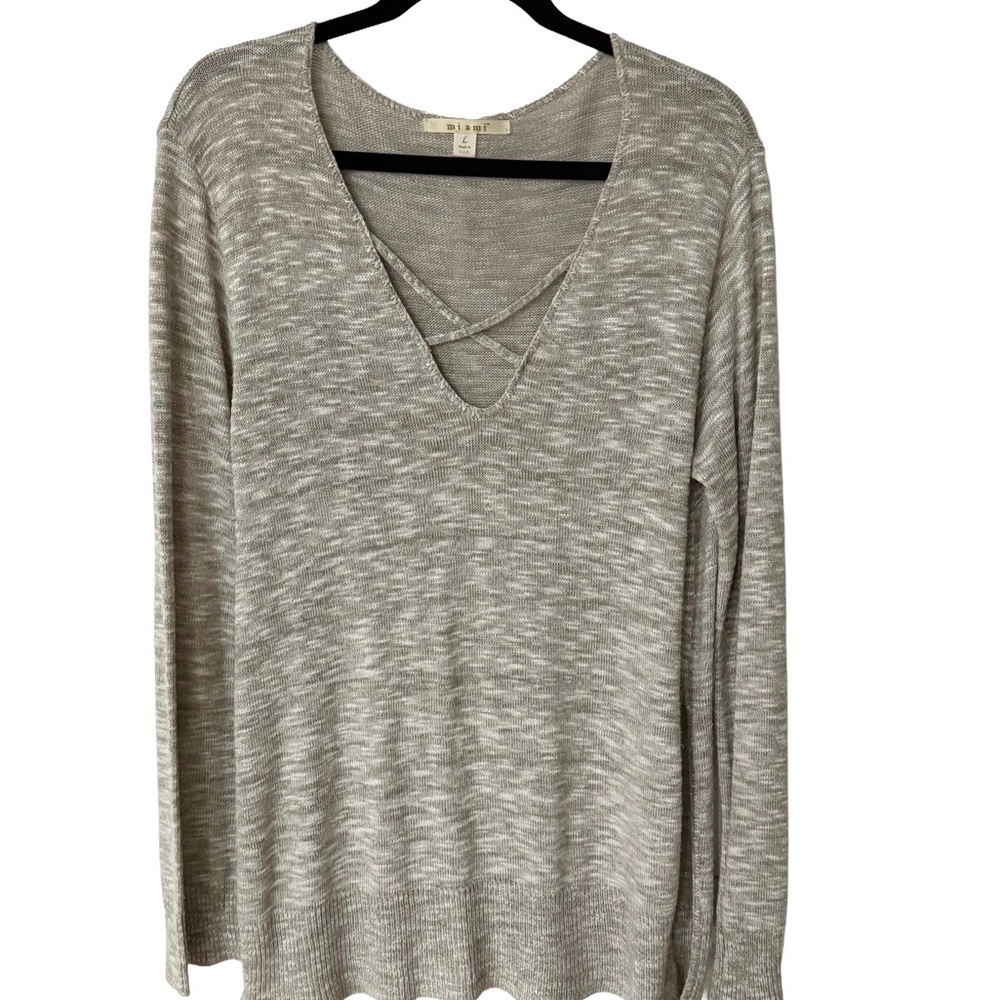 Miami Gray Merle V-Neck Light Sweater With Criss Cross Accent & Side Split Hem